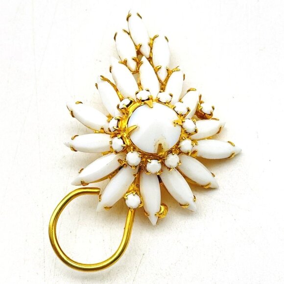 Vintage Milk Glass Flowering Vine Pin Gold Tone Daisy Coneflower Nature Garden - Picture 1 of 6